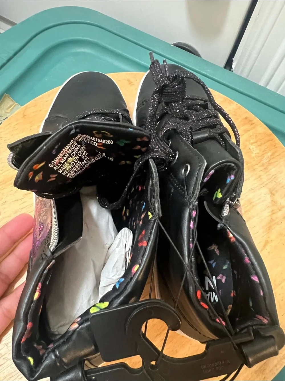 Kids Black Glitter Lace-Up Sneakers with Colorful Butterfly Print